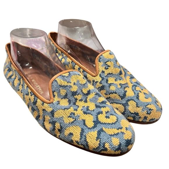 Stubbs & Wootton yellow Needlepoint Slippers embroidered flats loafer Womens 11 - Picture 3 of 11